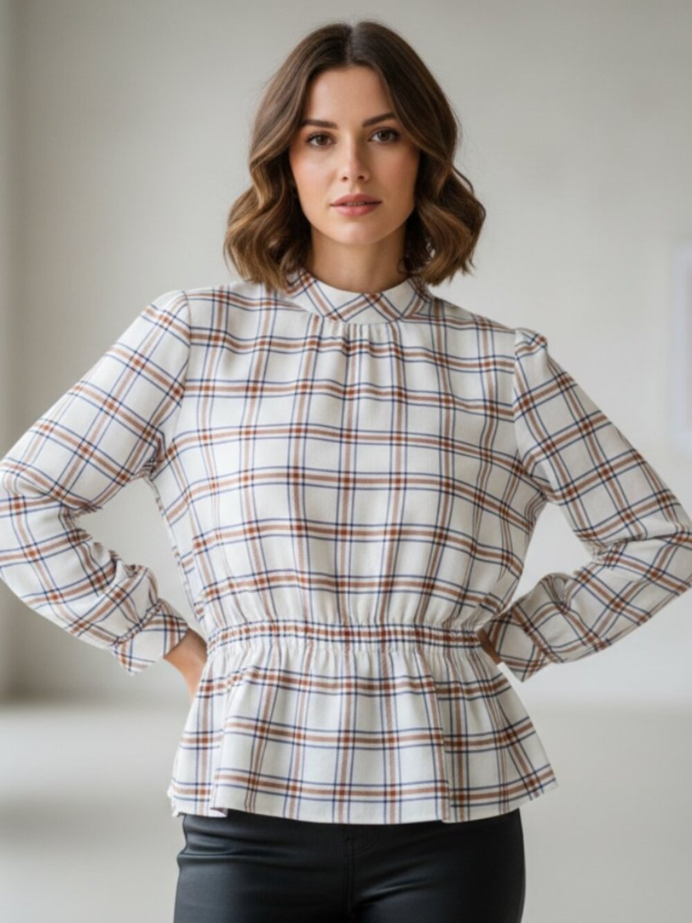 NEW Ann Taylor LP Beige Plaid Peplum Top LS Office Siren Preppy Cottage